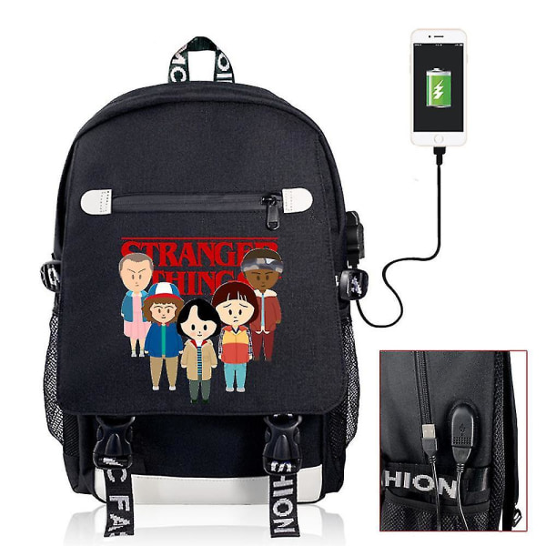 Stranger Things USB Ladattava Reppu Ulkoiluun Matkareppu Opiskelijan Koululaukku (Väri-13)