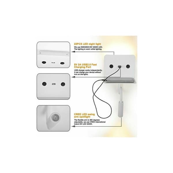 [LCS]Væglampe + 3W LED-læselampe med USB-port Sort - Sort