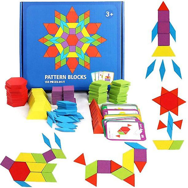 155 st Trä Mönsterblock Set Geometrisk Form Pussel Förskola Klassiska Tangram Leksaker