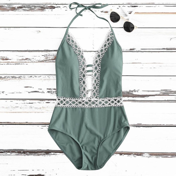 Sexiga kvinnor Halter One Piece Baddräkt Badkläder Monokini Spets Spets Baddräkt Sommar Strandkläder Green M