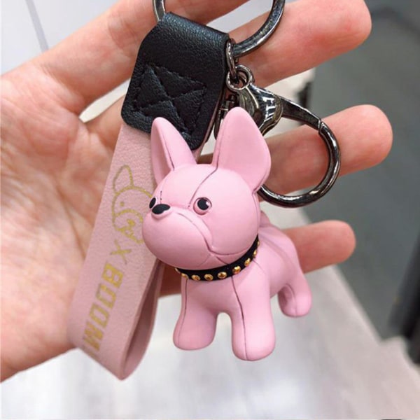 Fransk Bulldog Nyckelring Mode Punk Pu Läderrem Hund Nyckelringar för kvinnor Väska hängsmycken Pink