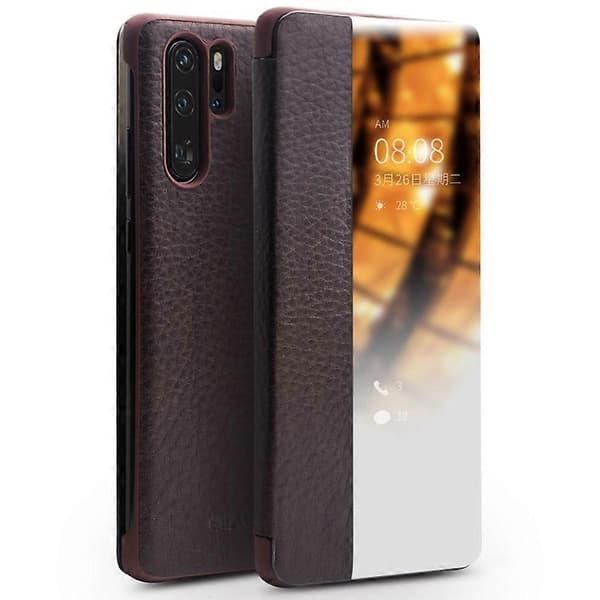 Til Huawei P30 Pro QIALINO Læder Sidevindue Smart Telefon Etui Brown