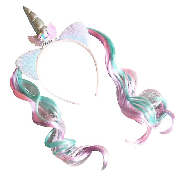 Rainbow Unicorn Peruk För tjejer Födelsedag Cosplay Peruk Pannband purplegreen