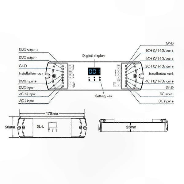 4-kanals DMX512 til 0-10V omformer med RDM, 12V-24V DC inngangssignaltransformator numerisk display for lysstyring white