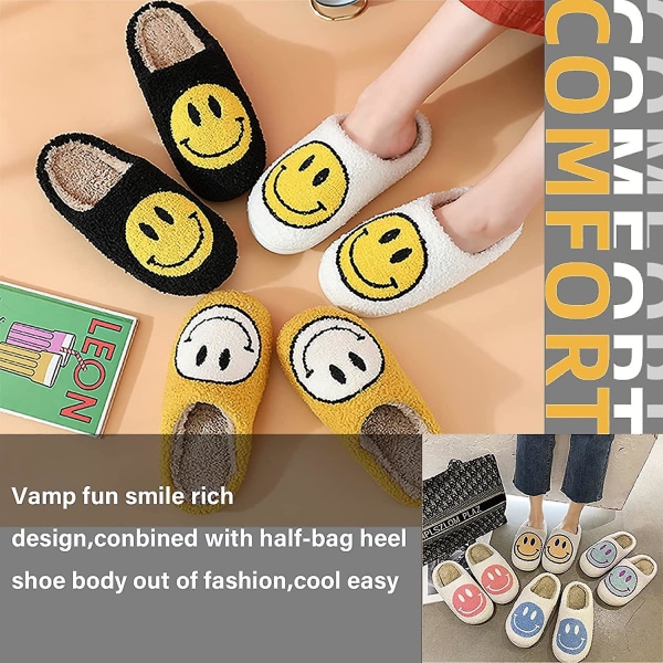 Smiley tofflor, retro mjuka plysch lätta tofflor slip-on mysiga inomhus utomhus tofflor White 9 wide