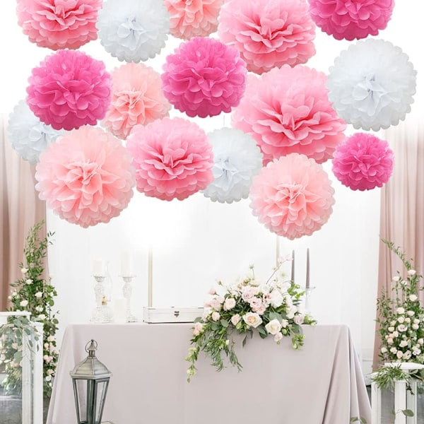 16 st blandade pompoms av silkespapper, handgjorda bröllops- och festdekorationer, rosa nyanser #02 Pink Shade
