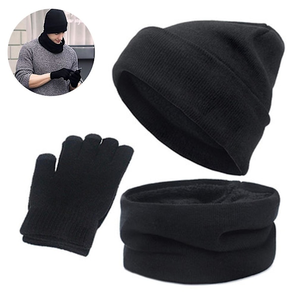 1 sæt/3 stk. Vinterhue, halstørklæde og handskesæt til mænd og kvinder, beanie black