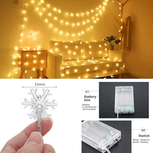 Julbelysning, 6 meter 40 LED Snöflingor Batteridriven