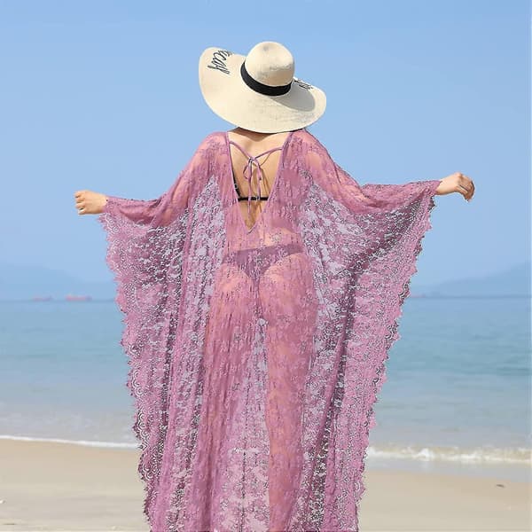 [LCS] Strandovertrekk Boho blondekimono Plus Size Bikini Robe Badedrakt for kvinner Solid-MXBC Plum