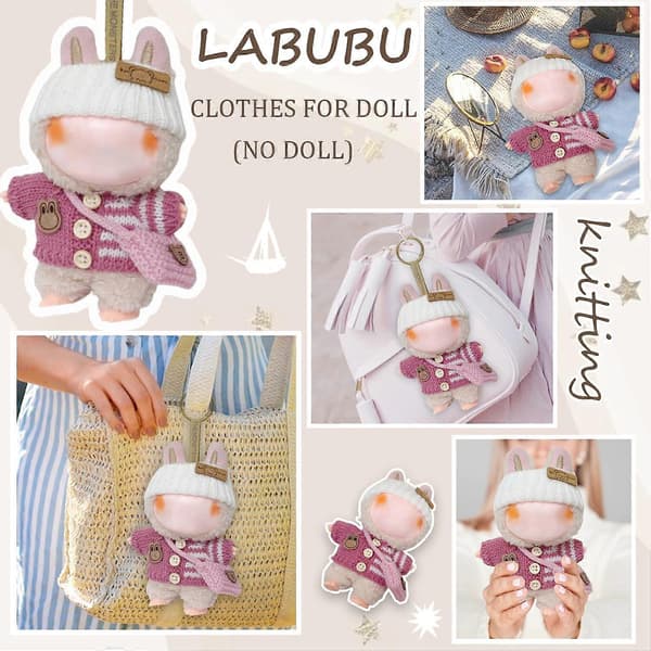 Tøj til Labubu 17cm Labubu tilbehør hæklet 3-delt sæt tøj til Labubu (lyserød sweater)