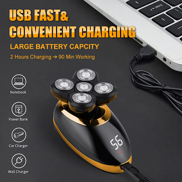 Sähköiset parranajokoneet miehille kaljulle päälle, 5-in-1 5D -parranajokoneet USB-ladattava LED-johdoton, pyörivä parranajokonesetti leikkureilla kainalokarvoille