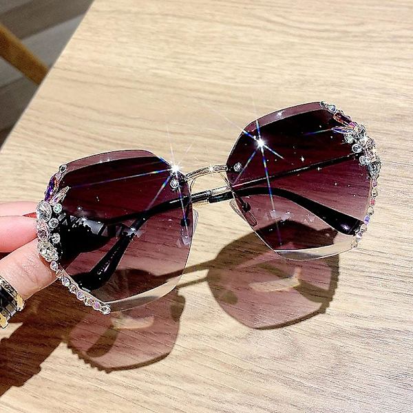 Vintage kantløse rhinestone UV400 solbriller retro skærelinse gradient Purple