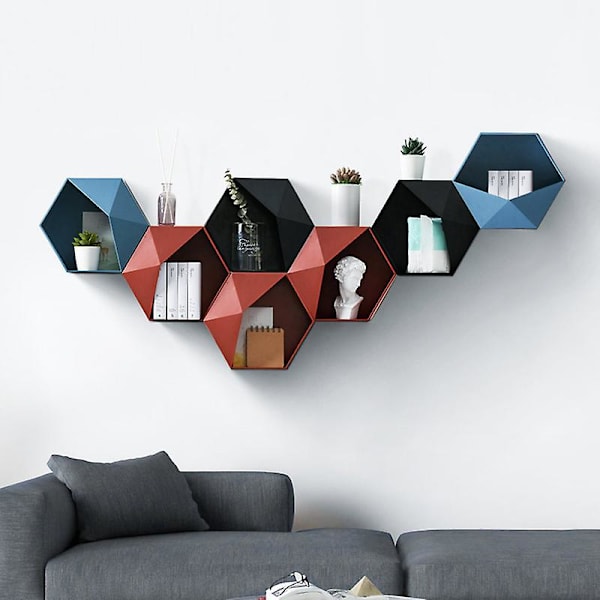 Geometrisk sekskantet opbevaringshylde nordisk vægbeslag flydende hylde display stand potteholder Blue