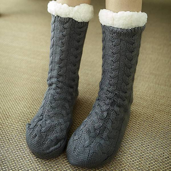 Dam Vinter Fleece Golvstrumpor Kabelstickade Tjocka Halkfria För Att Hålla Värmen Grey