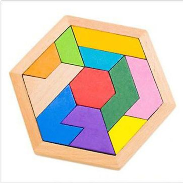 Træ Hexagon Puslespil Form Blok Tangram Hjernevrider Legetøj Geometri Logik Iq Spil Colored beech