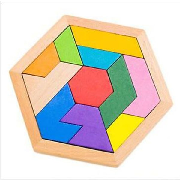 Trä Hexagon Pussel Form Block Tangram Hjärngympa Leksak Geometri Logik IQ Spel Colored beech