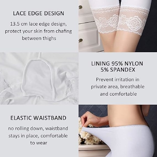 Sikkerhetsshorts for kvinner med blondekant, elastisk sykkelshorts, lange shorts, anti-gnagsår truser, korte leggings, boxershorts (3-pakning)