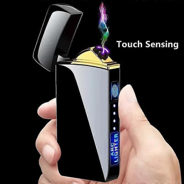 [LCS]Elektrisk Vindtæt Metaltænder Dobbeltbue Plasma Flameless Genopladelig USB Lighter LED Strømdisplay Berøringssensor Lighter Smooth Sailing Blue