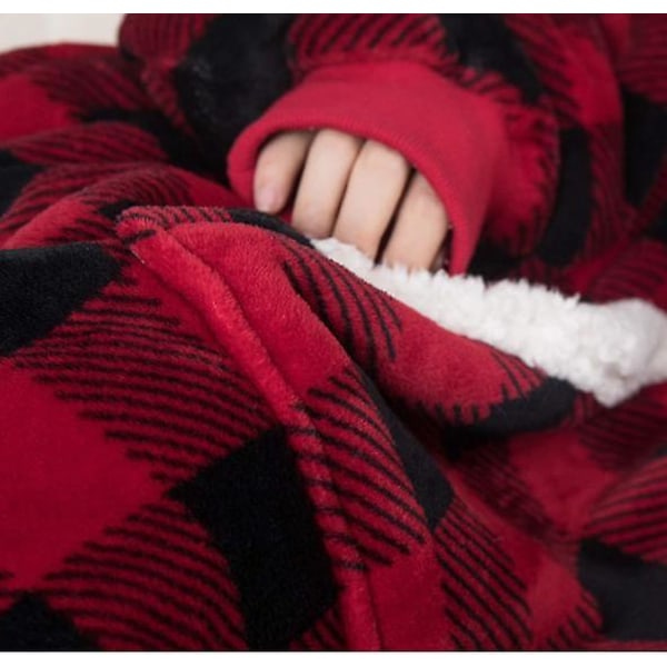 Bärbar plysch lazy filt i stor storlek på vintern, plysch pyjamas Red and black grid