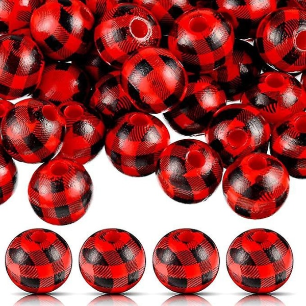 100st DIY Plädtryck Trä Spacer Runda pärlor för smyckestillverkning Red black