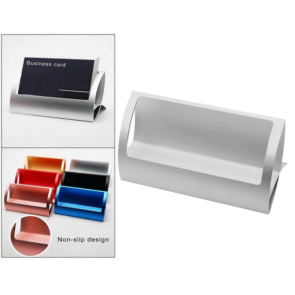 Stilig visittkortholder i aluminiumslegering for skrivebord, Q-form, for messer, elegant Silver