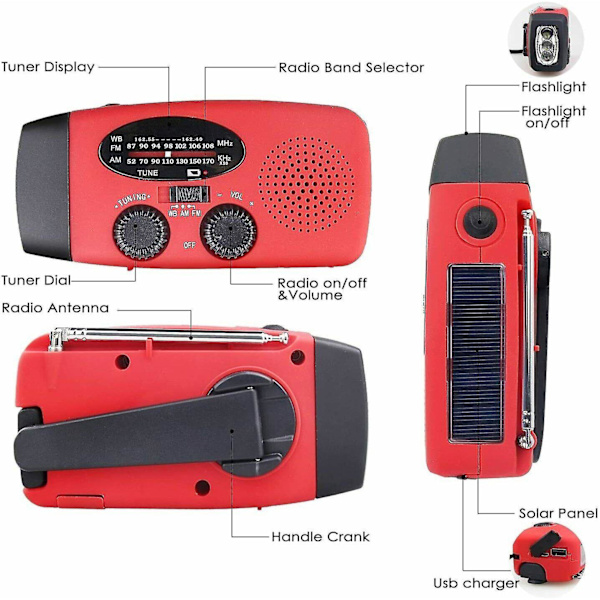 Hätätilakampi Itseviritteinen AM/FM NOAA Aurinkosääradio LED-taskulampulla, 1000mAh Virta