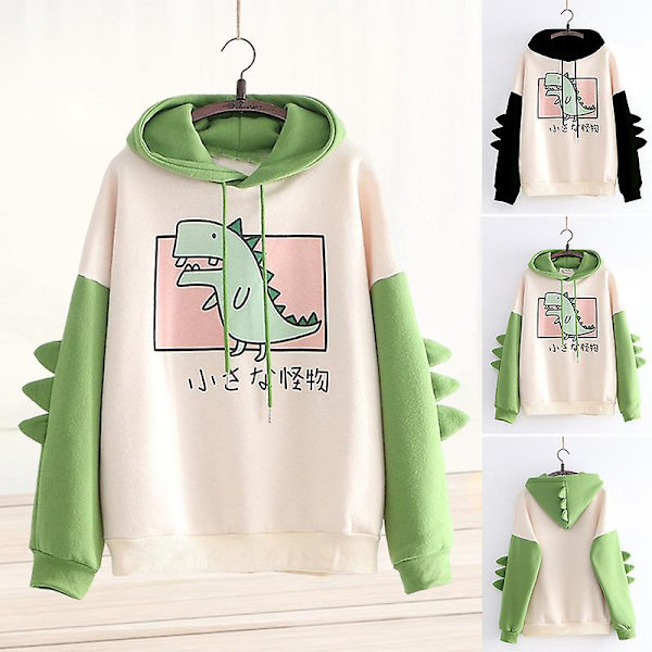 Dame Teen Piger Sød Dinosaur Langærmet Hættetrøjer Hætte Pullover Top Til Efterår Forår Black M