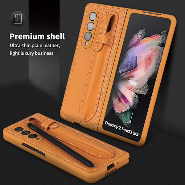 Läder Telefonfodral Kompatibelt med Galaxy Fold 3 5g Med S-pen Hållare Yellow Brown