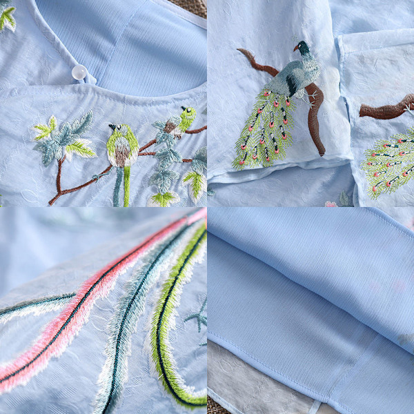 Broderte langermet T-skjorter for kvinner, bluser med etniske blomster og fugler, tunika topper, tradisjonelle klær