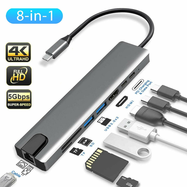 8-in-1 Multiport Type C - USB-C 4K HDMI -sovitin USB 3.0 -kaapeli USB-keskitin Macbookille
