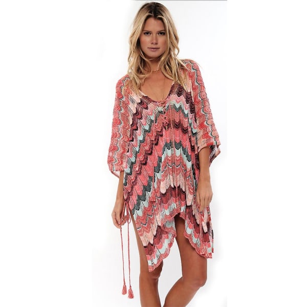 Utsvängd Dam Kaftan Strandkläder Boho Stickad Solskydd Bikini C