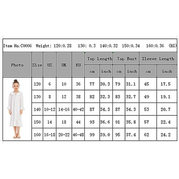 Tyttöjen yöpaita, pitkähihainen prinsessapaitamekko white 140cm
