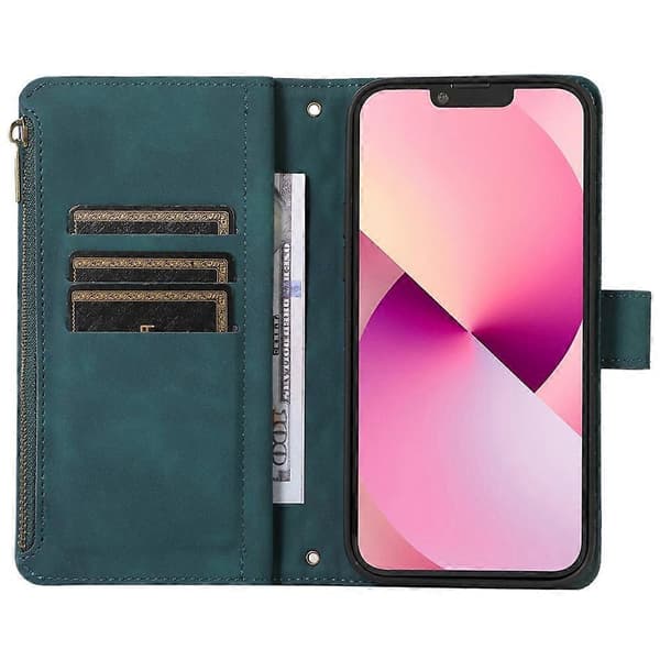 Kompatibelt etui til iPhone 11 Pro med lynlåslomme, læder, 9 kortpladser og håndledsrem Green