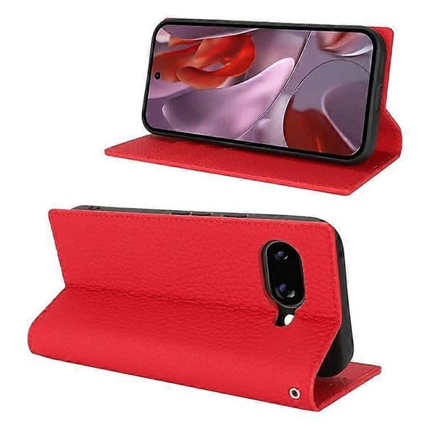 För Google Pixel 9a Plånboksfodral Äkta Kohud Telefonfodral Litchi Textur Red
