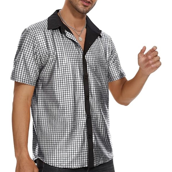 Herr 70-tals 80-tals Glittriga Paljett Skjortor Metallisk Party Kostym Kortärmad Knäppskjorta Rolig Nattklubbs T-shirt Grå M Grey