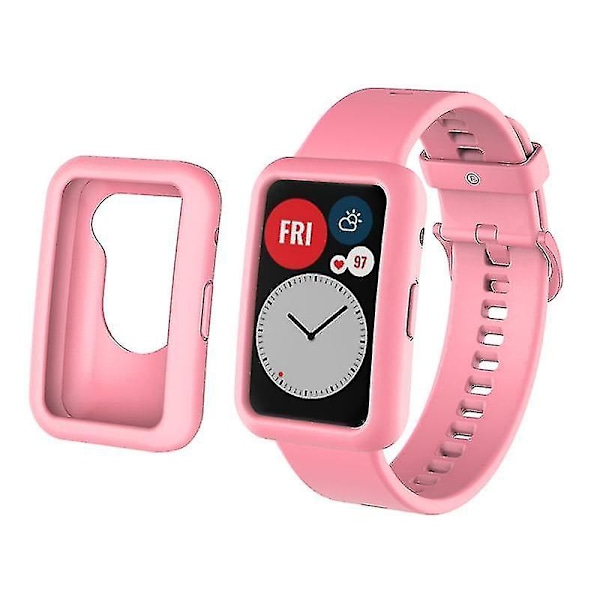 Silikoniranneke yhteensopiva Huawei Watch Fit -kellon kanssa, korvaava ranneke + naarmuuntumaton kellokotelo, vaaleanpunainen, vaaleanpunainen Style K Huawei Watch Fit Pink, Pink