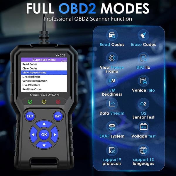 Feilkodefjerner Motorfeilkodeleser EVAP- og O2-sensortester OBD2 Bildiagnoseverktøy 13 språk