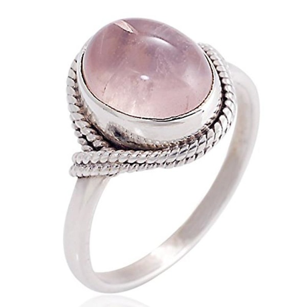 Antik Silver Rosenkvarts Ädelsten Oval Repkant Vintage Bandring Storlek 5 6 7 8 9 10 Pink 8
