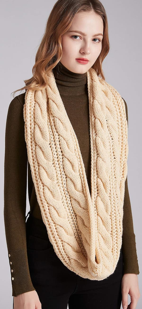 [LCS] Damstickad Infinity Scarf Cirkel Loop Varm Mode Tjock Ribbad Halsduk Beige