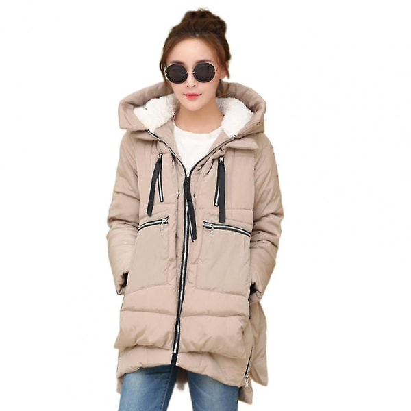 Dame Vinter Casual Løs Varm Tyk Hættejakke Brødstil Lynlås Frakke khaki XL
