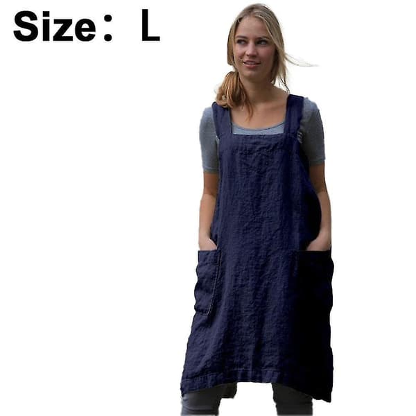 Bomull Lin Forkle Kryss Rygg Forkle For Kvinner Med Lommer Kittelkjole For Baking Matlaging Blue L