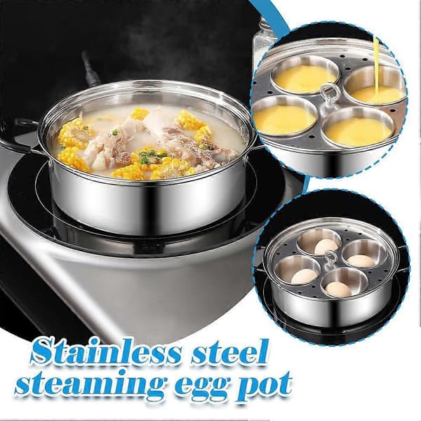 [LCS] Egg Poacher Pan Rustfritt Stål Pochert Egg Maker med 4 Kopper Nonstick Komfyrtopp 4