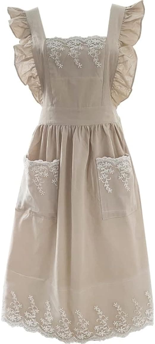 [LCS] Kvinnlig söt spetsarbete justerbart förkläde bomull linne beige hem kök matlagning förkläde med ficka present