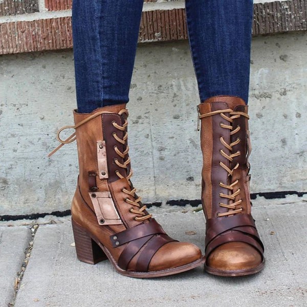 Retro Bekväma Chunky-heel Snörstövlar för Dam Green 35