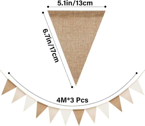 2PLUS Forhåndsmontert Jutevimpelbanner, 12m Lin Trekantflagg Vimpelrekke, 36 stk Vimpelbannergirlander for Bursdag, Bryllup, Camping, Rustikk