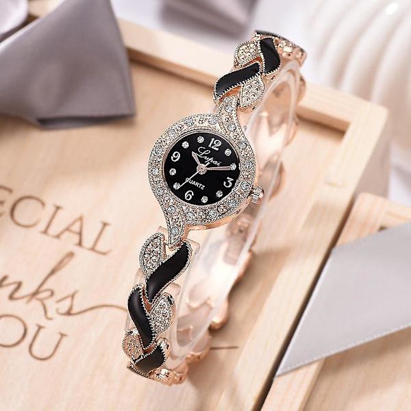 Armbandsur Dam, Lyxiga Kristallklockor, Klocka Casual Quartz (Roséguld Svart)