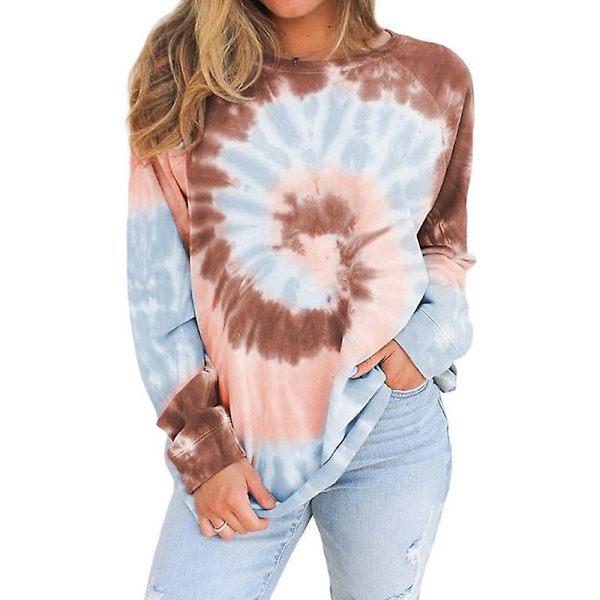 Uformell dame fargerik batikkmønstret rund hals langermet løs genser sweatshirt topper Pink Gray