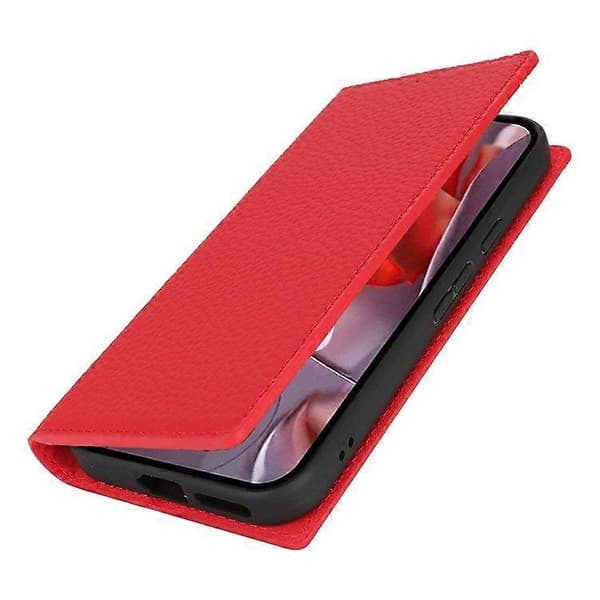 För Google Pixel 9a Plånboksfodral Äkta Kohud Telefonfodral Litchi Textur Red