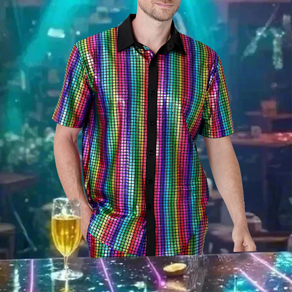 Herre 70-talls 80-talls Glitrende Paljett Skjorter Metallisk Party Kostyme Kort Ermet Knappe Skjorte Morsom Nattklubb T-skjorte Mørke Striper M Dark Stripes