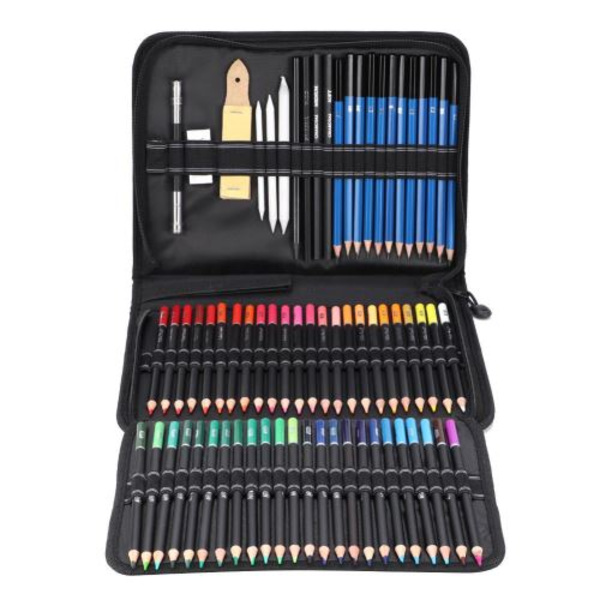 Set med 95 st Ritverktyg Färgade Pennor Suddgummi Med Pennfodral